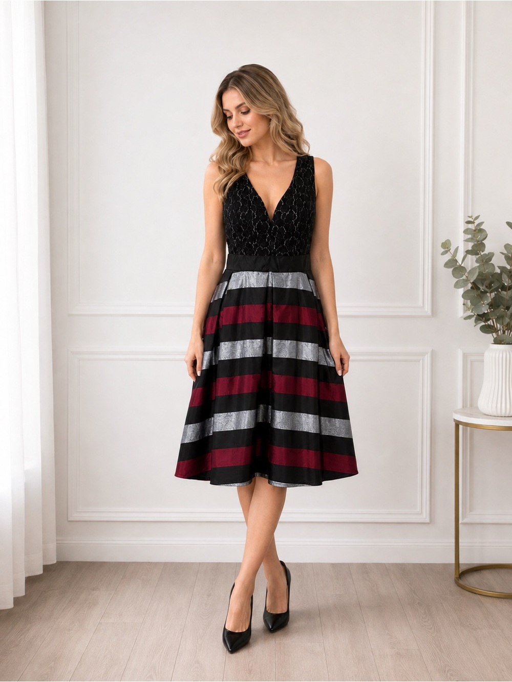 VENUS Size 24 Black Burgundy Silver Lace High-Low Dress NWT